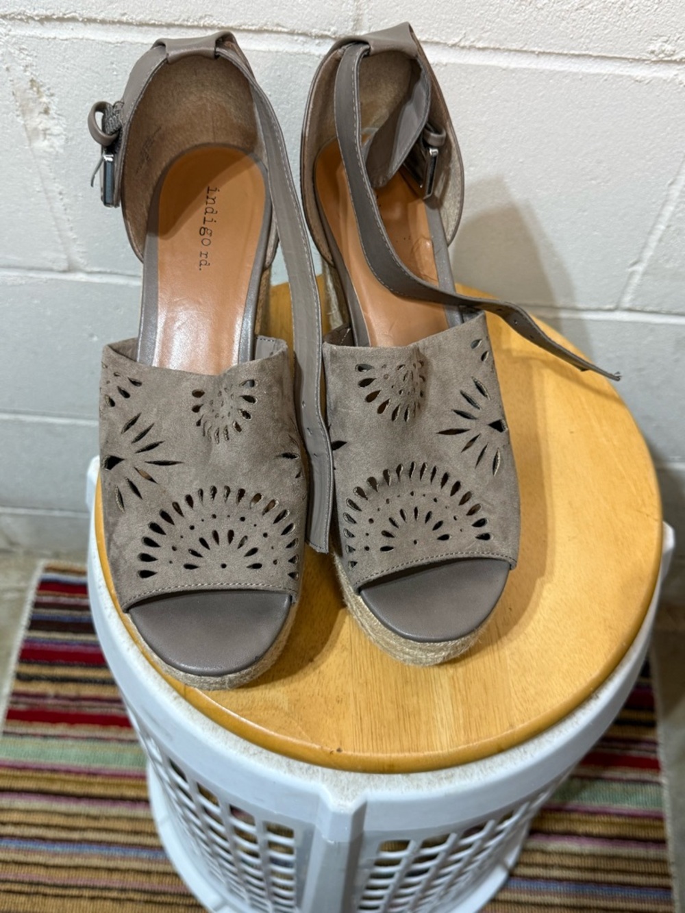 Indigo Taupe Cutout Suede Espadrille Wedge Sandals